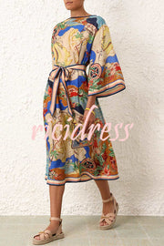 Nautical Map Unique Print Boat Neck Bell Sleeve Belt Pocketed Midi Dress