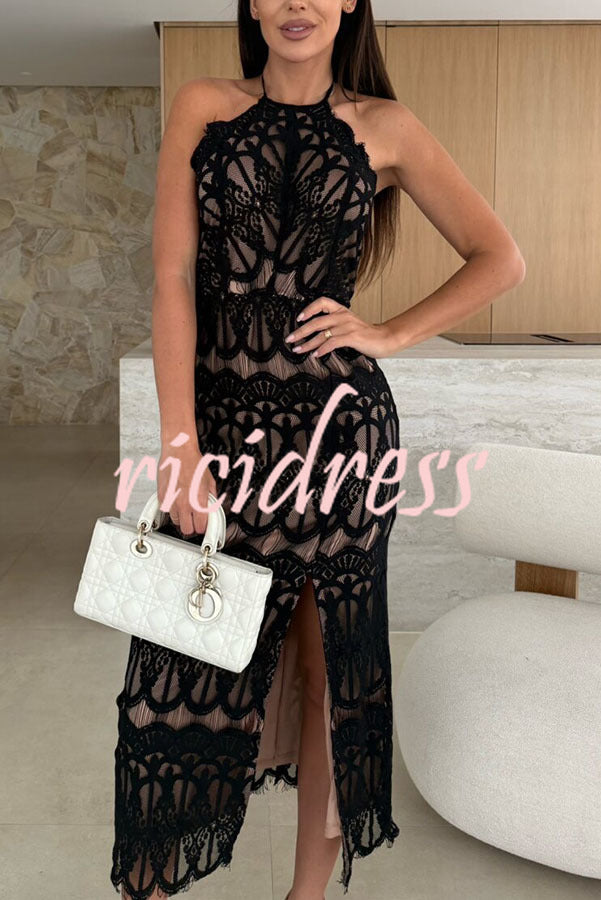 Paulette Unique Lace Halter Backless Slit Stretch Midi Dress