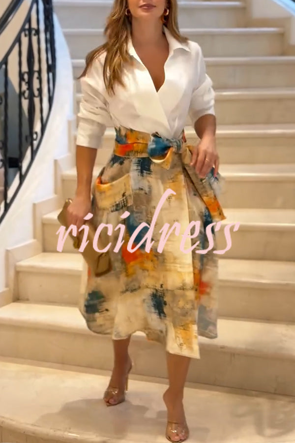 Jiles Linen Blend Unique Contrast Print Long Sleeve Tie-up Pocket Shirt Midi Dress