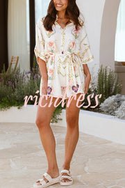 Plant Print Lapel Half Sleeve Tie Waist Loose Rompers