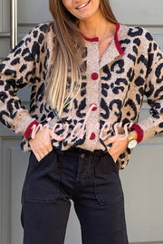 Leopard Print Crew Neck Long-sleeved Loose Knit Cardigan