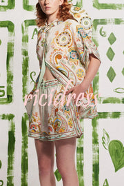 Antibes Unique Printed Loose Button-down Shirt and Pocket Elastic Waist Shorts Set