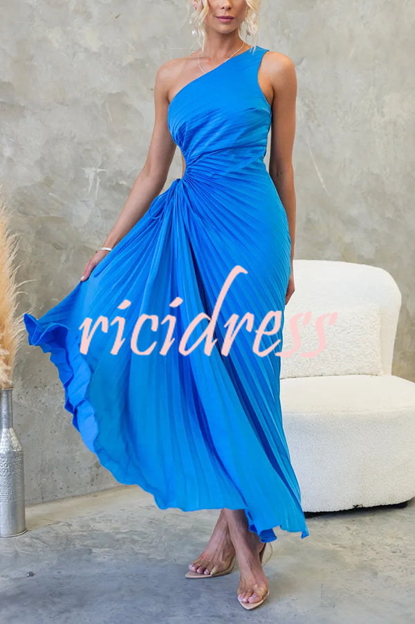 Charming One Shoulder Lace Up Cutout Pleated Maxi Dress