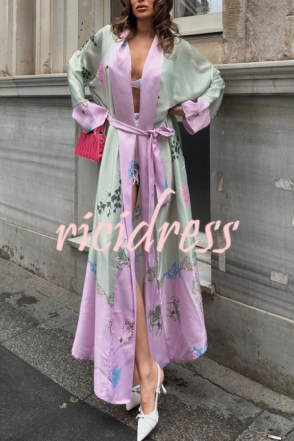 Karty Satin Unique Print Long Sleeve Belt Lapel Kimono Cover-ups