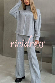 Solid Color Casual Knitted High Neck Long Sleeve Top and Elastic Waist Loose Pants Set