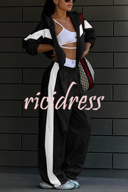 Fashionable Contrasting Long-sleeved Loose Coat and Elastic Waist Wide-leg Pants Set