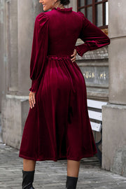 Solid Color Velvet Pleated Ruffled V-neck Long Sleeve Elegant Midi Dress