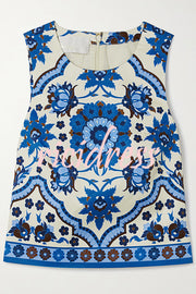 Unique Printed Round Neck Sleeveless Top and Casual Mini Skirt Set