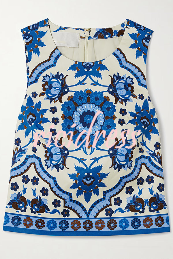 Unique Printed Round Neck Sleeveless Top and Casual Mini Skirt Set