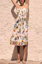 Summer Fruit Print Sling Pleated Vacation Midi Dress