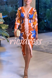 Bahamas Unique Print Dolman Long Sleeve Ruched Slit Midi Dress