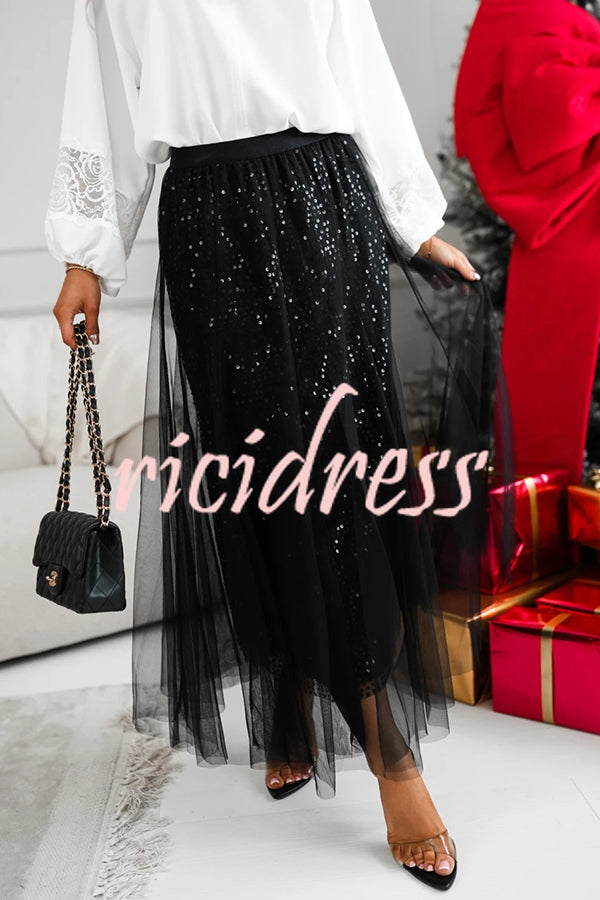 Party Daydream Sequin Tulle High Rise Elastic Waist Maxi Skirt