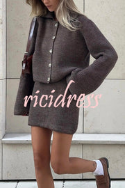 Fashion Lapel Bell Sleeve Knitted Cardigan and Casual Mini Skirt Set