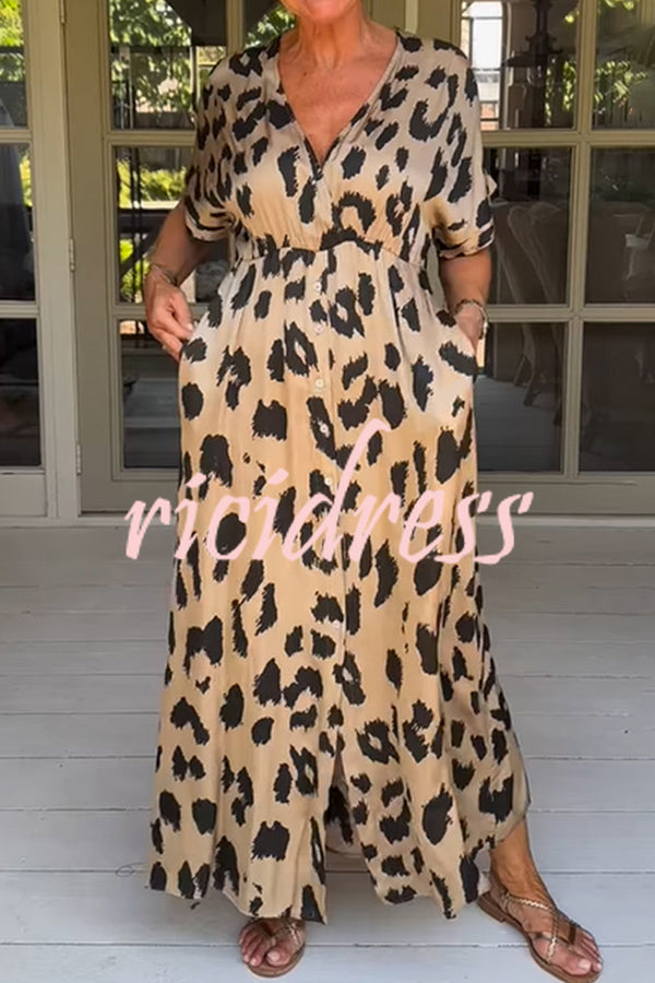 Leopard Print Casual Loose V-neck Short-sleeved Pocket Midi Dress