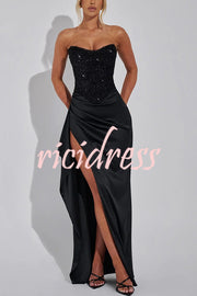 Amazing Dream Sequin Satin Patchwork Off Shoulder Ruffles Drape Slit Maxi Dress