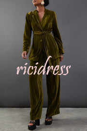 Solid Color Velvet Long-sleeved Waist Tie Top and Elastic Waist Casual Pocket Straight-leg Pants Set
