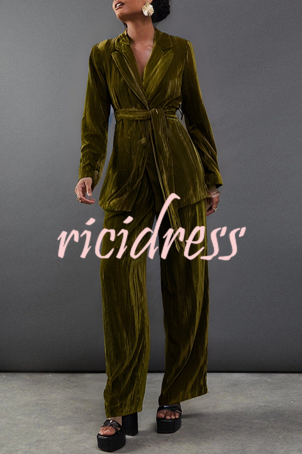 Solid Color Velvet Long-sleeved Waist Tie Top and Elastic Waist Casual Pocket Straight-leg Pants Set