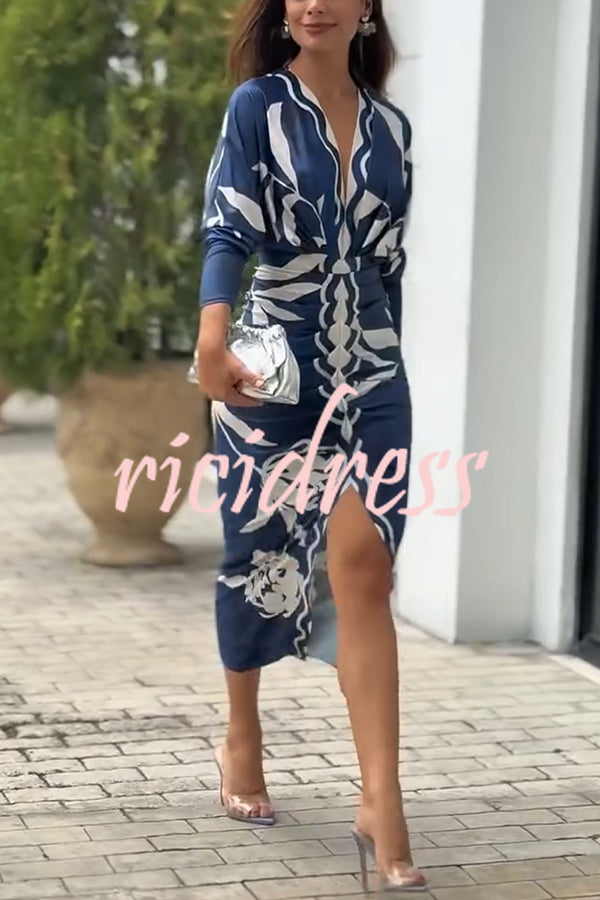 Caliana Unique Print Dolman Long Sleeve Ruched Slit Midi Dress