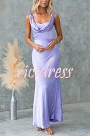 Chic Muse Satin Solid Color Cowl Neck Back Tie-up Maxi Dress