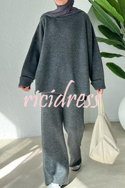 Solid Color Loose Long-sleeved Knit Top and Elastic Waist Casual Straight Leg Pants Set
