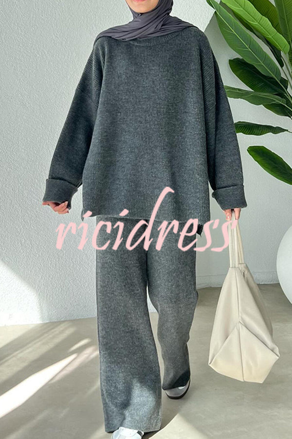 Solid Color Loose Long-sleeved Knit Top and Elastic Waist Casual Straight Leg Pants Set
