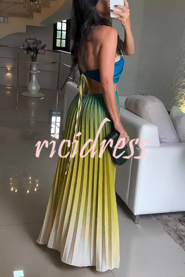 Fashionable Backless Tie Elegant Gradient Pleated Maxi Dress