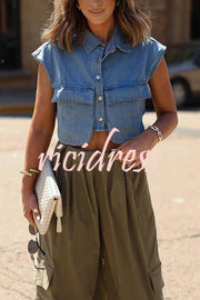 Stylish Weekend Denim Button Up Cape Sleeve Pocket Crop Top