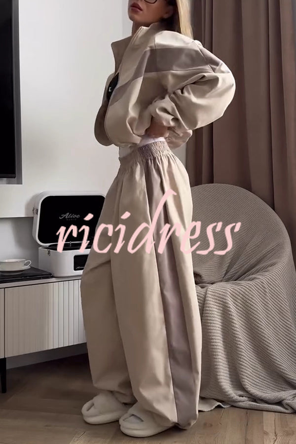Fashionable Contrasting Long-sleeved Loose Coat and Elastic Waist Wide-leg Pants Set
