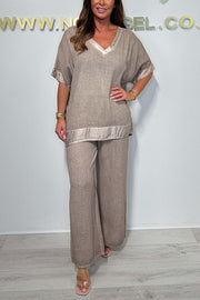 Fashionable V-neck Short-sleeved Loose Top and Elastic Waist Casual Wide-leg Pants Set