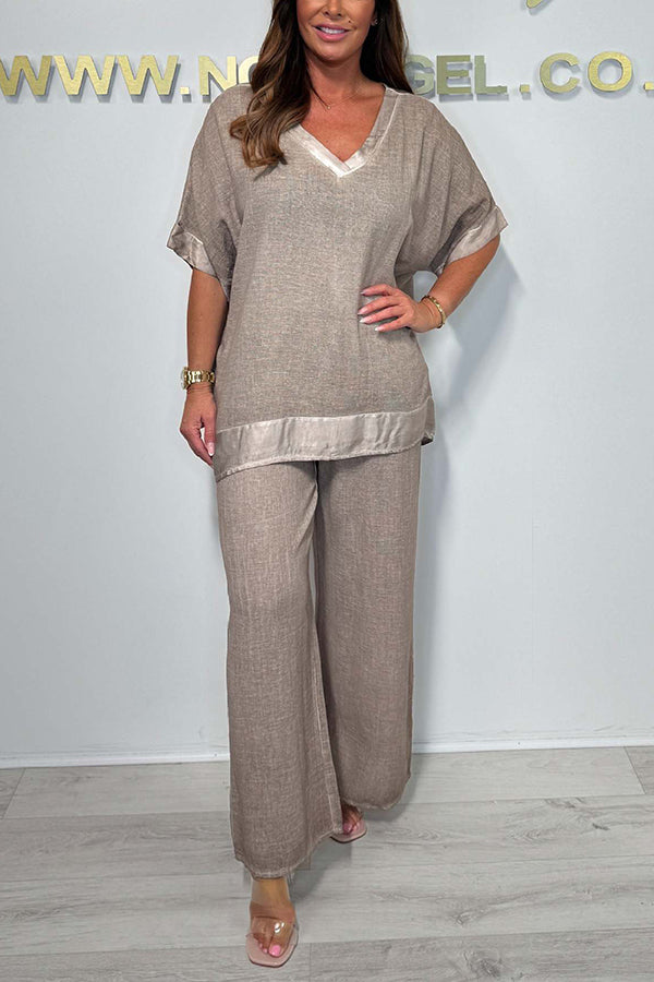 Fashionable V-neck Short-sleeved Loose Top and Elastic Waist Casual Wide-leg Pants Set