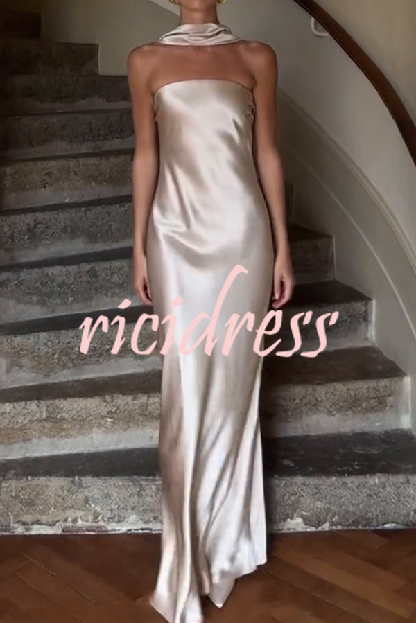 Satin Solid Color Elegant Strapless Slim Maxi Dress