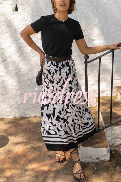Resort Style Botanical Print Elastic Waist Loose Stitching Midi Skirt