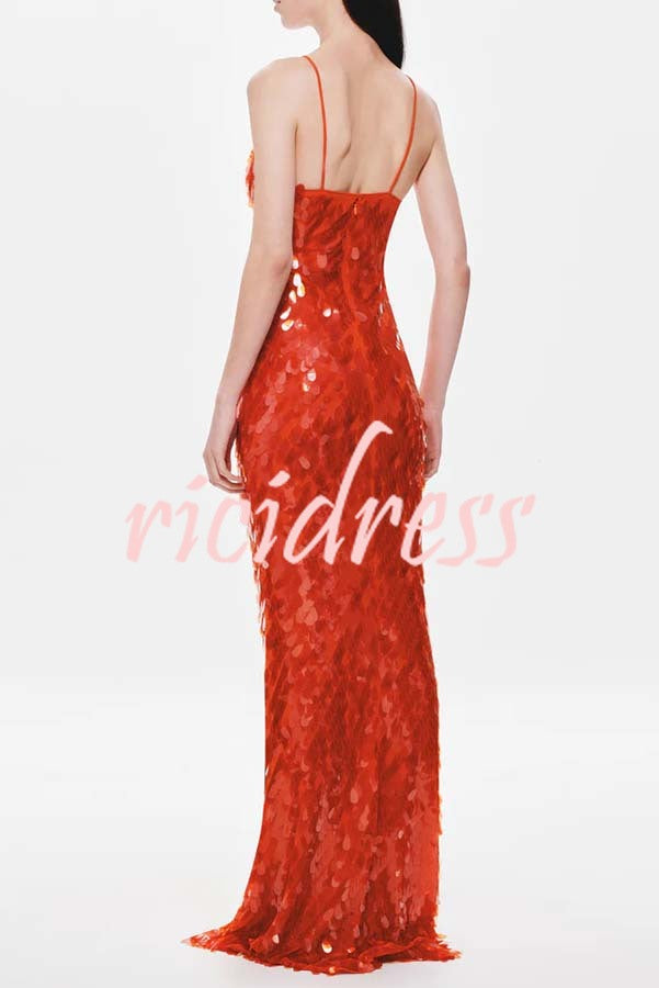 Reshape Beauty Fish Scale Sequin Cutout U-neck Slip Maxi Dress