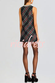 Elegant Demeanor Satin Gemstone Trim Deep V-Neck Tank H-line Mini Dress