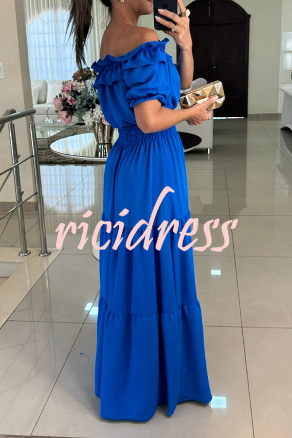 Admit Your Feelings Off Shoulder Smocked Waist Maxi Dress
