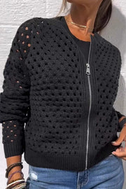 Solid Color Casual Knit Hollow Zipper Jacket