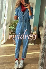 Carey Denim Button Up Long Sleeve Elastic Waist Pocketed Loose Jumpsuit