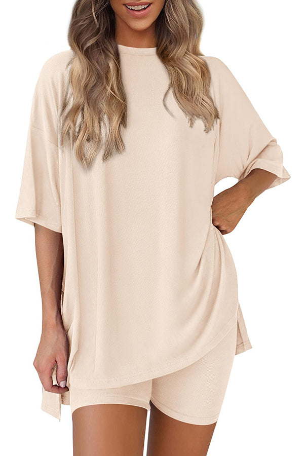 Solid Color Loose Short-sleeved Top and Stretch Casual Shorts Set