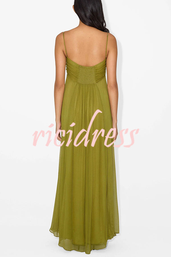 Soft and Elegant Metal Hollow Design Back Smocked A-line Slip Maxi Dress
