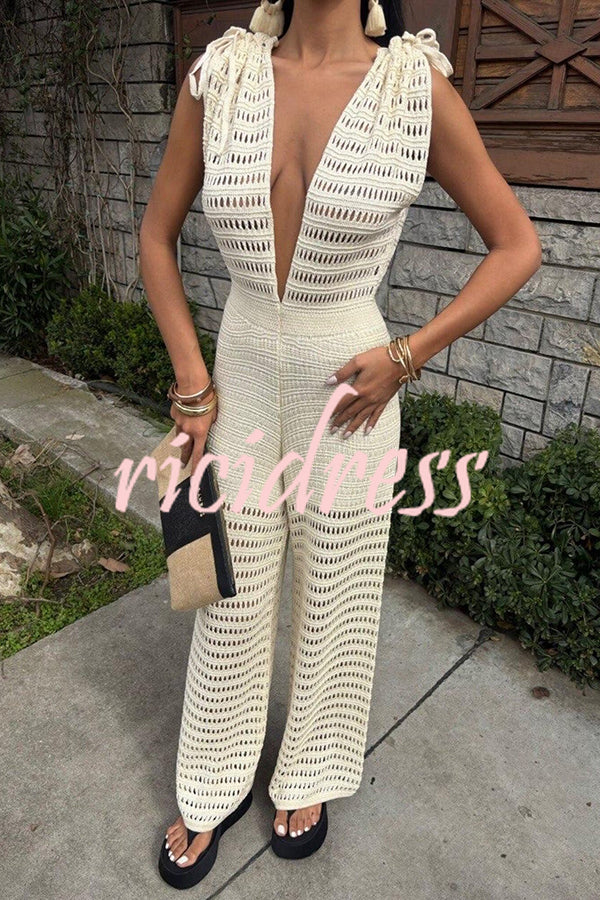 Solid Color Knitted V-neck Holiday Hollow Casual Jumpsuit