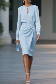 Solid Color Hollow Round Neck Long Sleeve Waisted Midi Dress