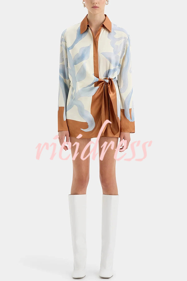 Lake Days Satin Colorblock Unique Print Tie-up Shirt Mini Dress