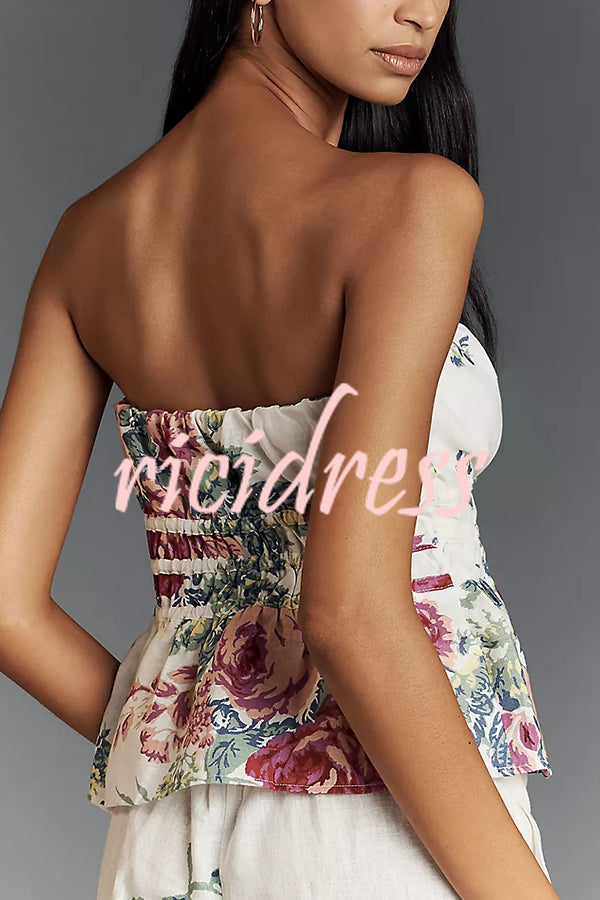 In To The Summer Linen Blend Floral Print Elastic Bandeau and Elastic Waist Pocket Loose Pants Set