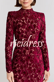 Diane Velvet Embroidered Floral Lace Long Sleeve Belt Scallop Edge Midi Dress