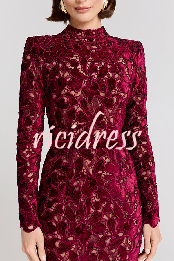 Diane Velvet Embroidered Floral Lace Long Sleeve Belt Scallop Edge Midi Dress