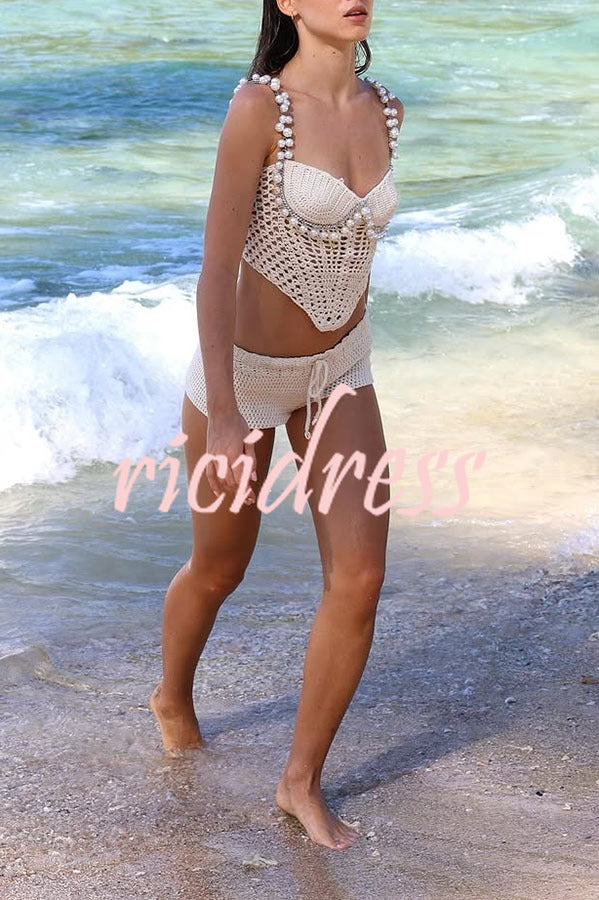 Mirina Hollow Crochet Knit Pearl Trim Heart Collar Crop Vacation Tank