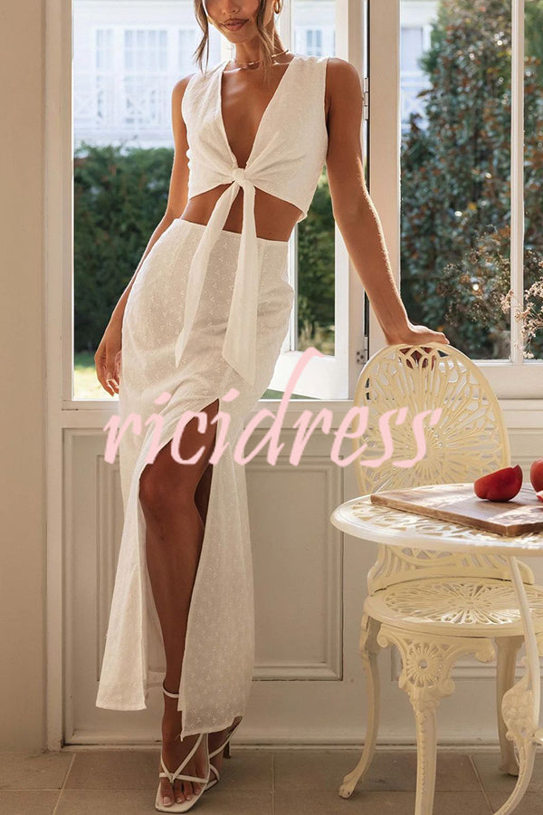 Solid Color Hollow Embroidery V-neck Lace-up Top and Slit Maxi Skirt Set