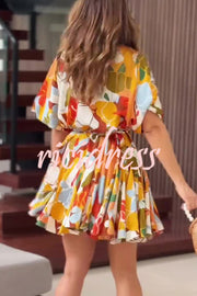 Unique Printed Round Neck Short Sleeve Waist Tie Vacation Mini Dress