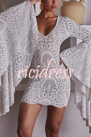 Coachella Time Unique Lace Pattern Oversized Bell Sleeve Stretch Mini Dress