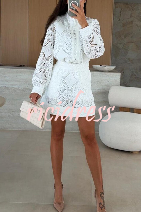 Unique Crochet Lace Long Sleeve Button Blouse and High Rise Skirt Set